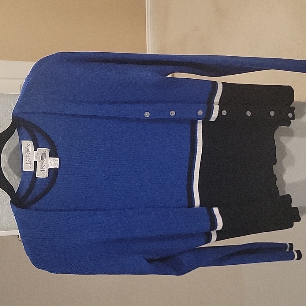 2 Pc. Casual Corner Blue With White Stripe and Black Trim Knit Top